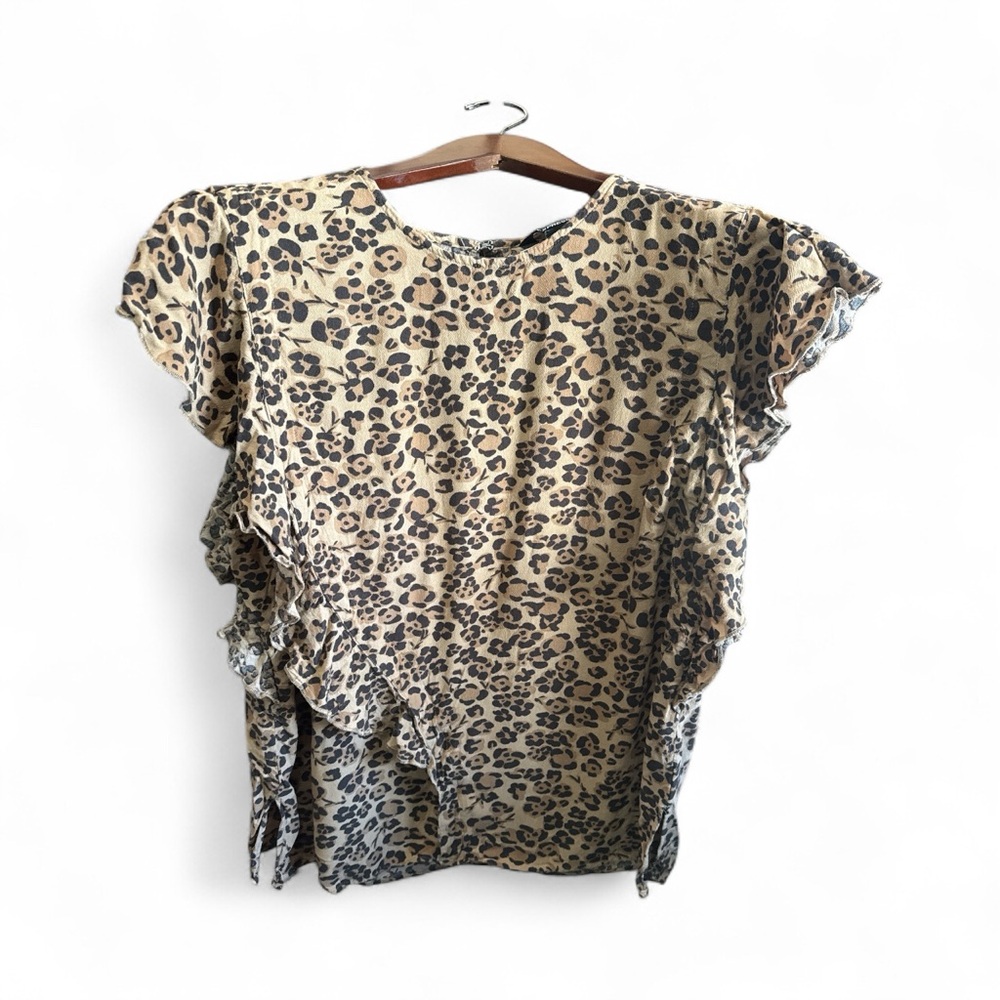 Express Womens Size Large Animal Print Flutter Sleeve Ruffled Blouse Cheetah Top